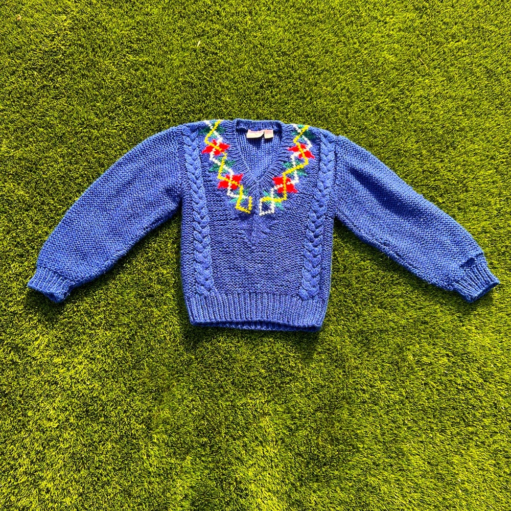 Vintage 80’s puff sleeve v neck sweater with argyle primary color collar design
